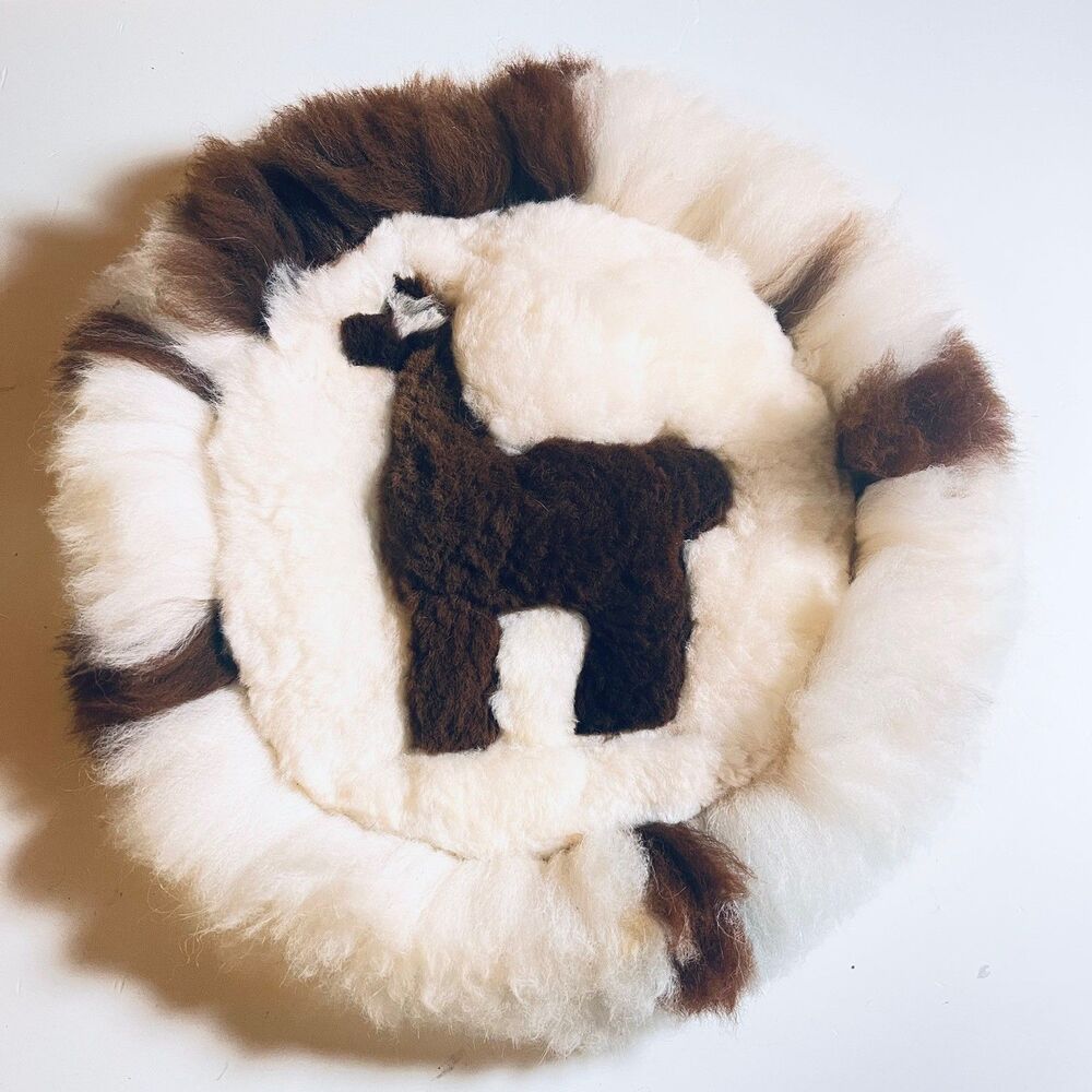 Alpaca Genuine Fur Peruvian Round Handmade Hide Stitched Rug Wall Art 14” Dia.